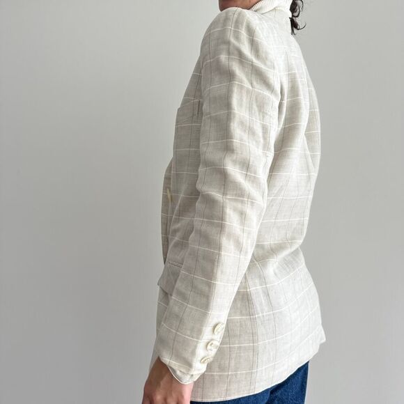 Vintage Linen Blend Jacket Women 6 Plaid Neutral Minimalist Old Money Equestrian - Picture 6 of 12
